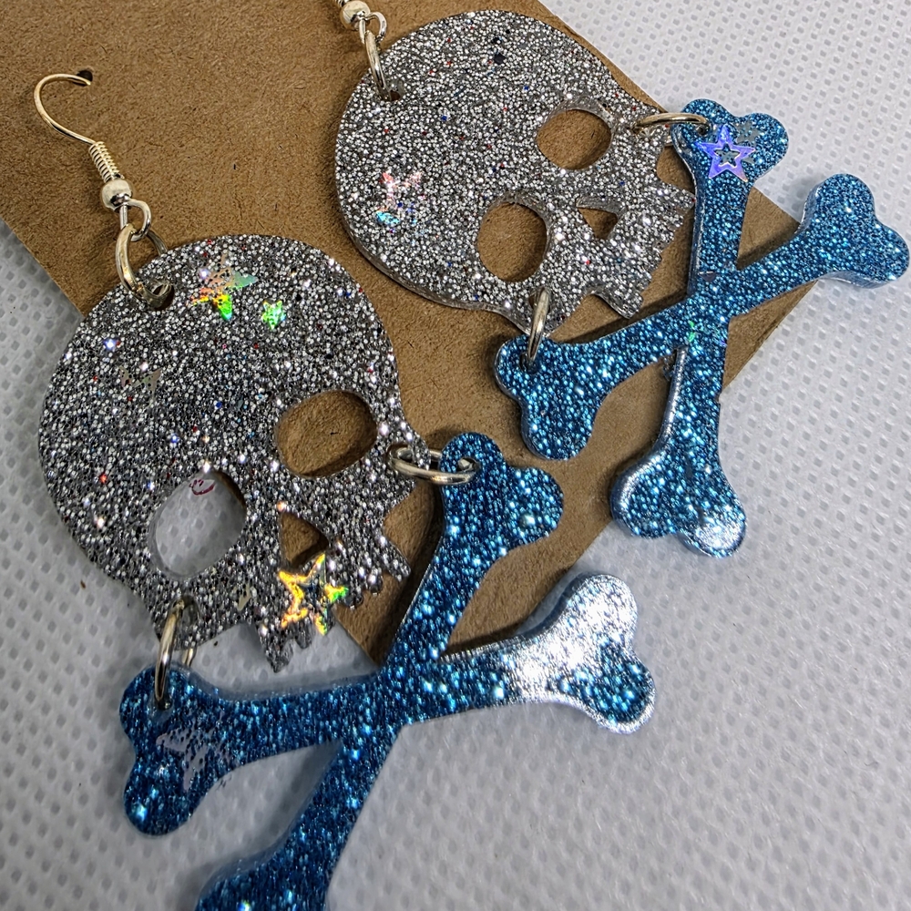 Silver and Blue Skull Earrings